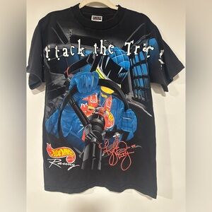 Vintage NASCAR Hot Wheels Kyle Petty Attack the Track Shirt Mens XL Black AOP